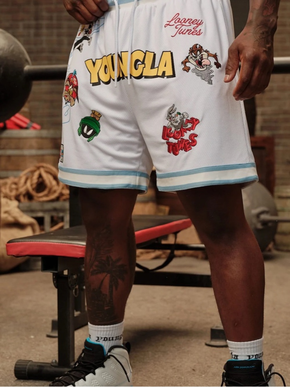 YoungLA White Looney Tunes Basketball Shorts with Pastel Blue Trim